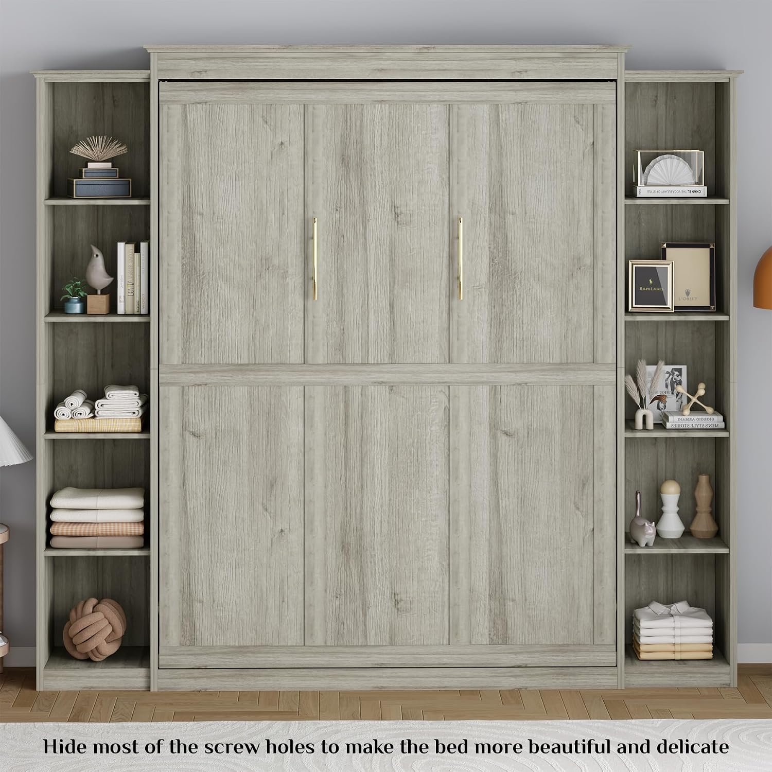 Rophefx Queen Murphy Bed Cabinet with 5-Tier Adjustable Storage Shelves, Queen Wall Bed Cabinet Bed, Wood Space Saving Beds, Foldable Platform Beds, Hidden Bedframe for Guest Room, Bedroom,Grey