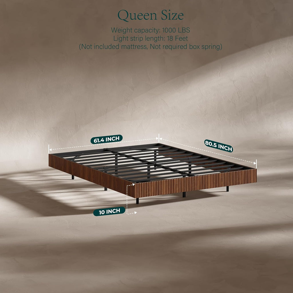 Evermagin Walnut Queen Floating Bed Frame with led Lights, Fluted Platform Bed No Headboard, Heavy Duty Mid Century Modern Float Metal Bedframe, No Box Spring Needed (Walnut, Queen-10in high)