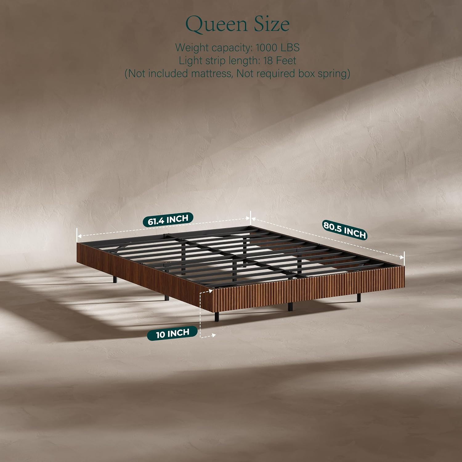 Evermagin Walnut Queen Floating Bed Frame with led Lights, Fluted Platform Bed No Headboard, Heavy Duty Mid Century Modern Float Metal Bedframe, No Box Spring Needed (Walnut, Queen-10in high)