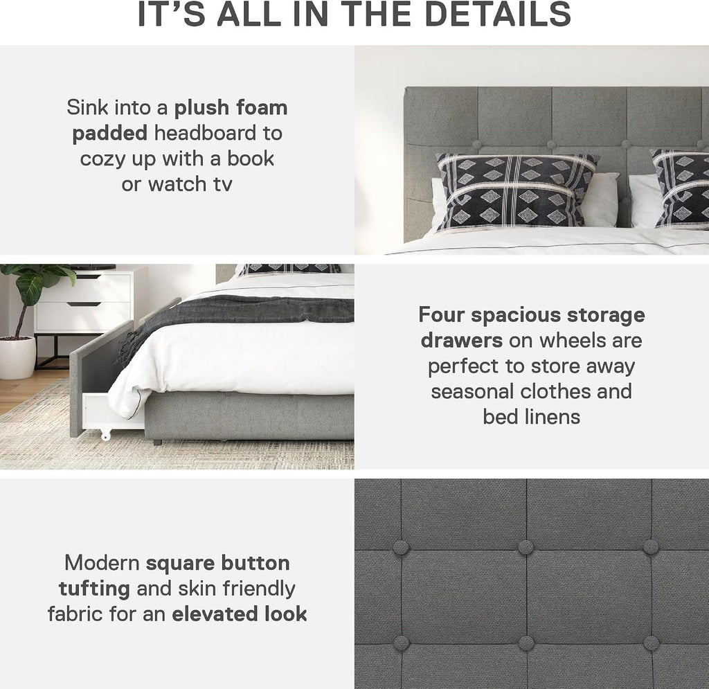 DHP Rose Upholstered Platform Bed with Underbed Storage Drawers and Button Tufted Headboard and Footboard, No Box Spring Needed, Queen, Gray Linen