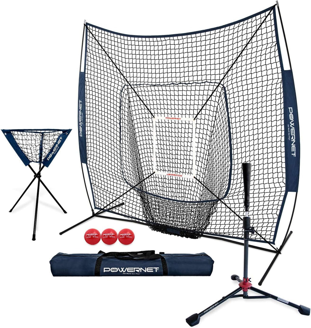 PowerNet Baseball Softball Practice Net 7x7 with Baseball Accessories for Practice Pitching, Batting & Fielding, Ball Caddy, Weighted Baseballs, Tee