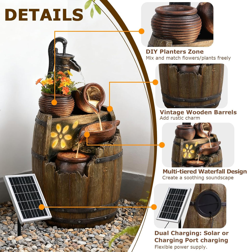 Solar Water Fountain Outdoor Rustic Pump and Barrel, 29' H Cascading Solar Powered Waterfall Fountains Outside Feature with LED Lights for Garden, Patio, Porch, Backyard Decor