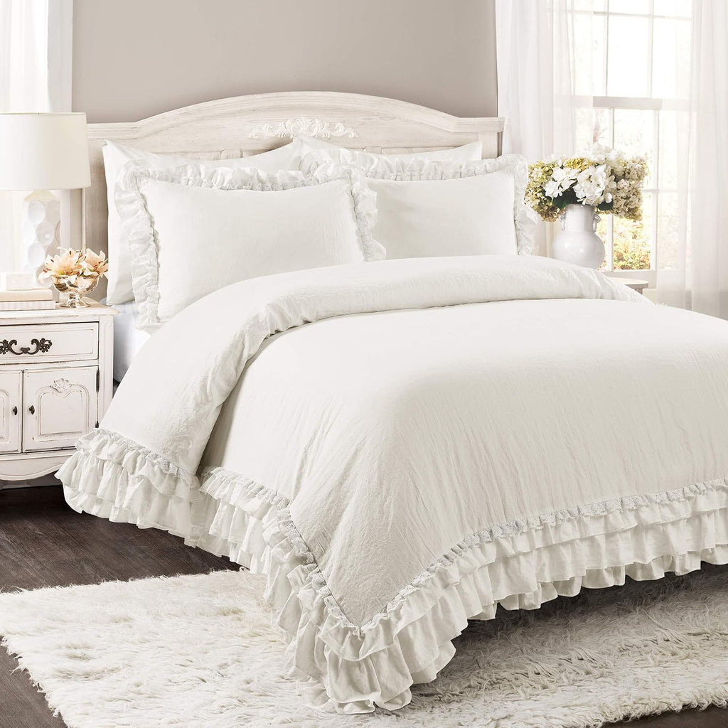 Lush Decor Ella Ruffle Lace Comforter, 3 Piece Set, King, White - Cute Comforter - King Bedding Set - White Bedding - Coquette Decor - Ruffle Trim - Lace Trim