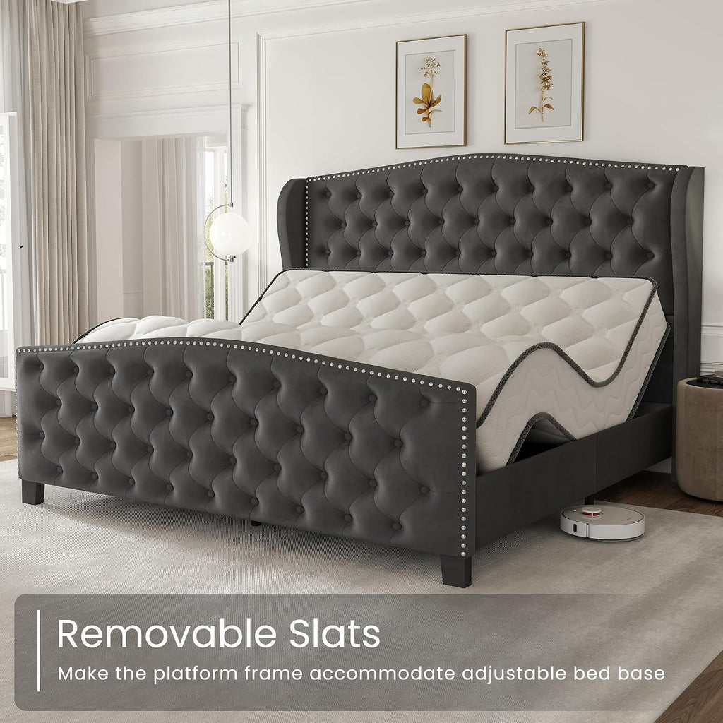 LARMACE Queen Size Bed Frame Velvet Upholstered Platform Bed with Wingback Headboard & Footbaord, Deep Button Tufted Bed Frame with Wood Slats Support, No Box Spring Needed, Grey