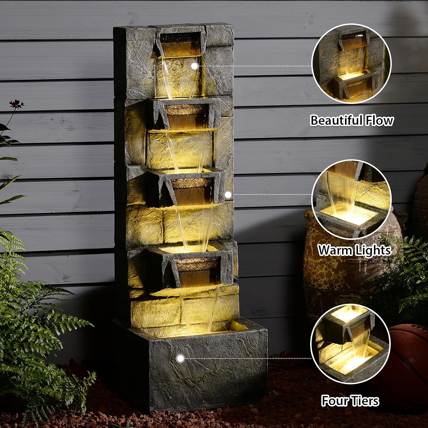 Outdoor Waterfall Fountain with LED Lights, 41' Tall Stone-Look Cascading Water Feature for Home Décor, Realistic Flowing Water Sound for Relaxation, Freestanding Indoor/Outdoor Fountain