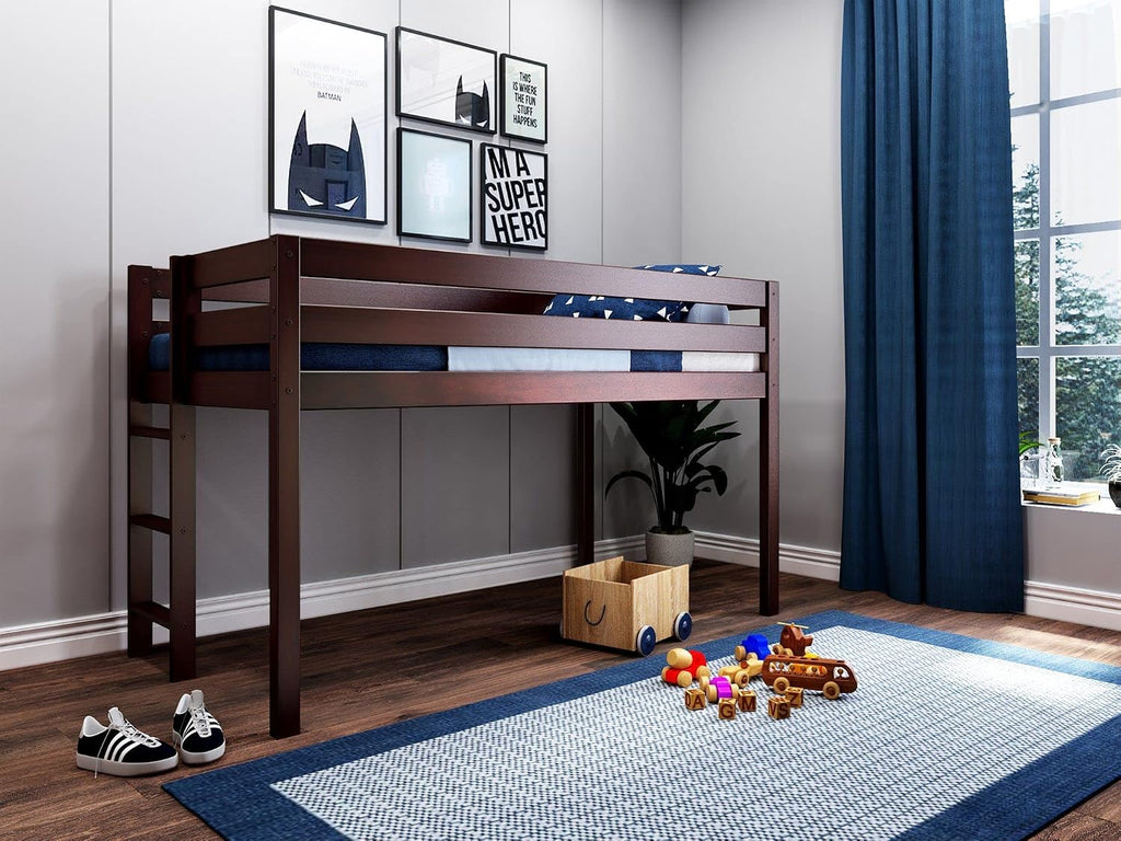 Jackpot! Contemporary Low Loft Twin Bed with End Ladder, Cherry