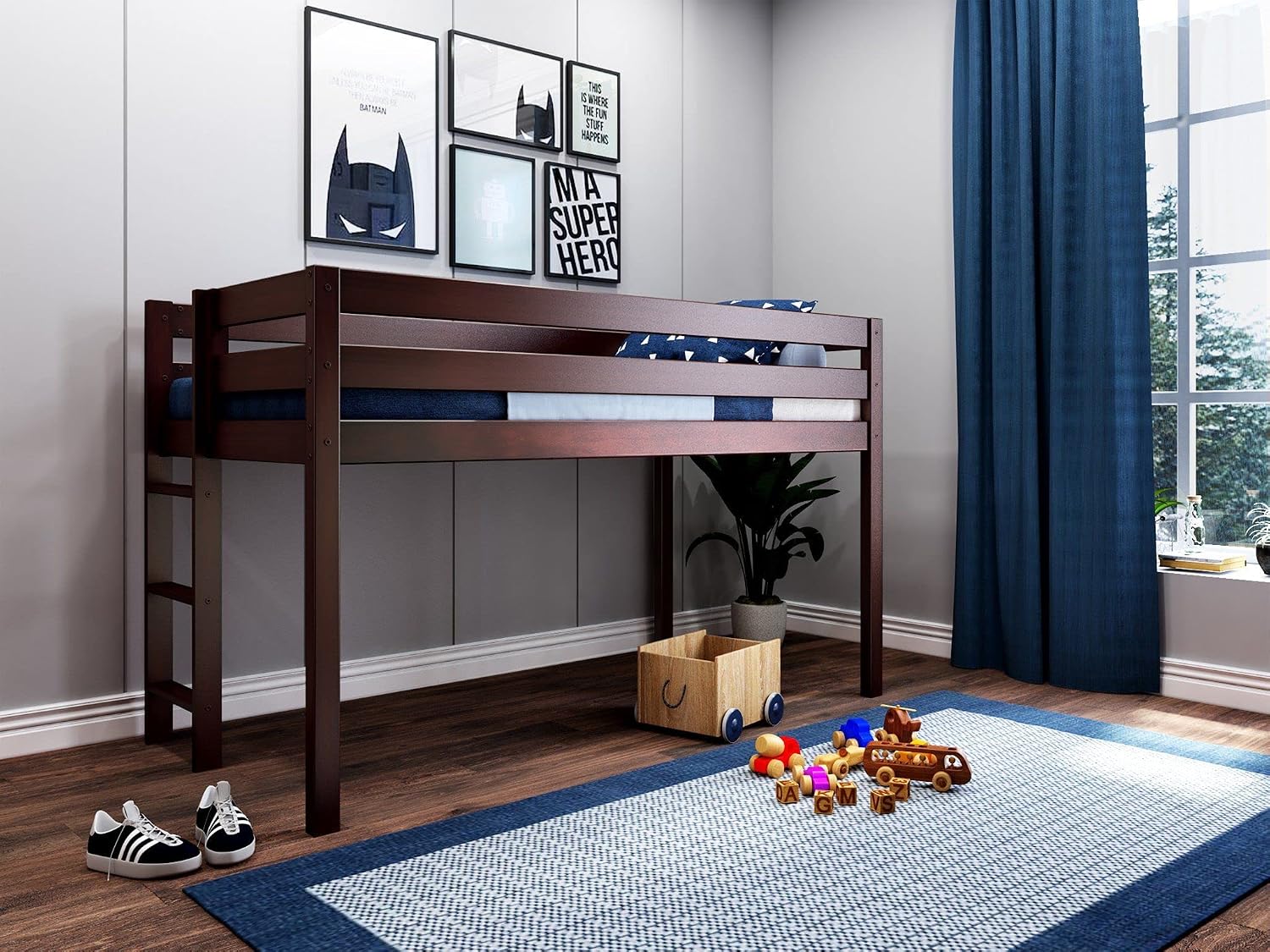 Jackpot! Contemporary Low Loft Twin Bed with End Ladder, Cherry