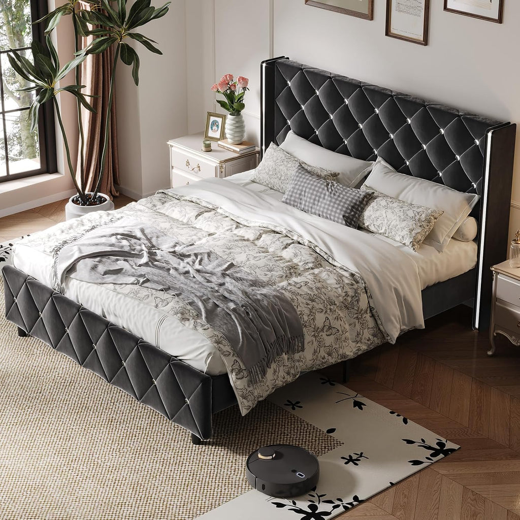 HOMBCK Queen Bed Frame with Headboard, Velvet Upholstered Bed with Wingback and Diamond Tufted Design, Wood Slat Support, No Box Spring Needed, Black