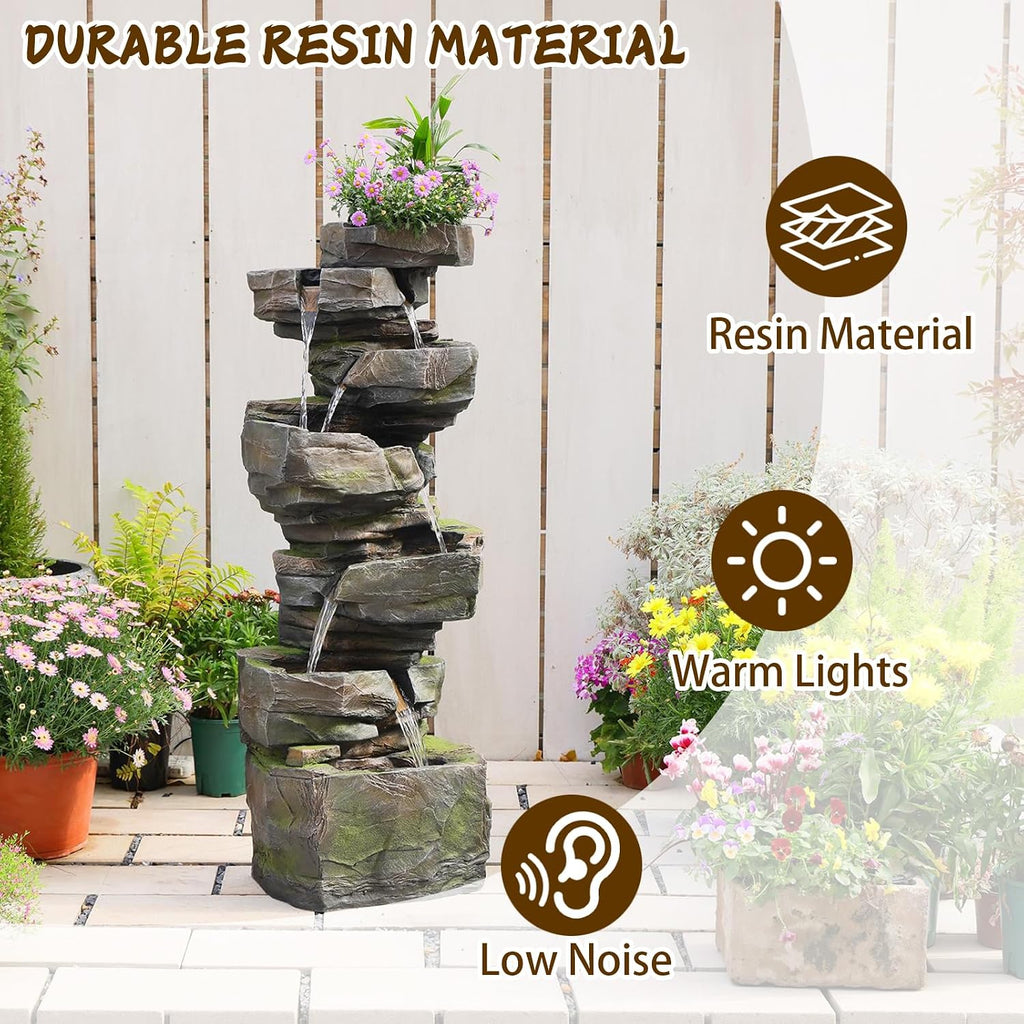 Sunlinua 48.6' H Outdoor Water Fountain with 6 Tiers Large Cascading Realistic Rock Waterfall Fountains with LED Lights Outdoor Water Fountain for Garden Patio Backyard Porch Home Decor