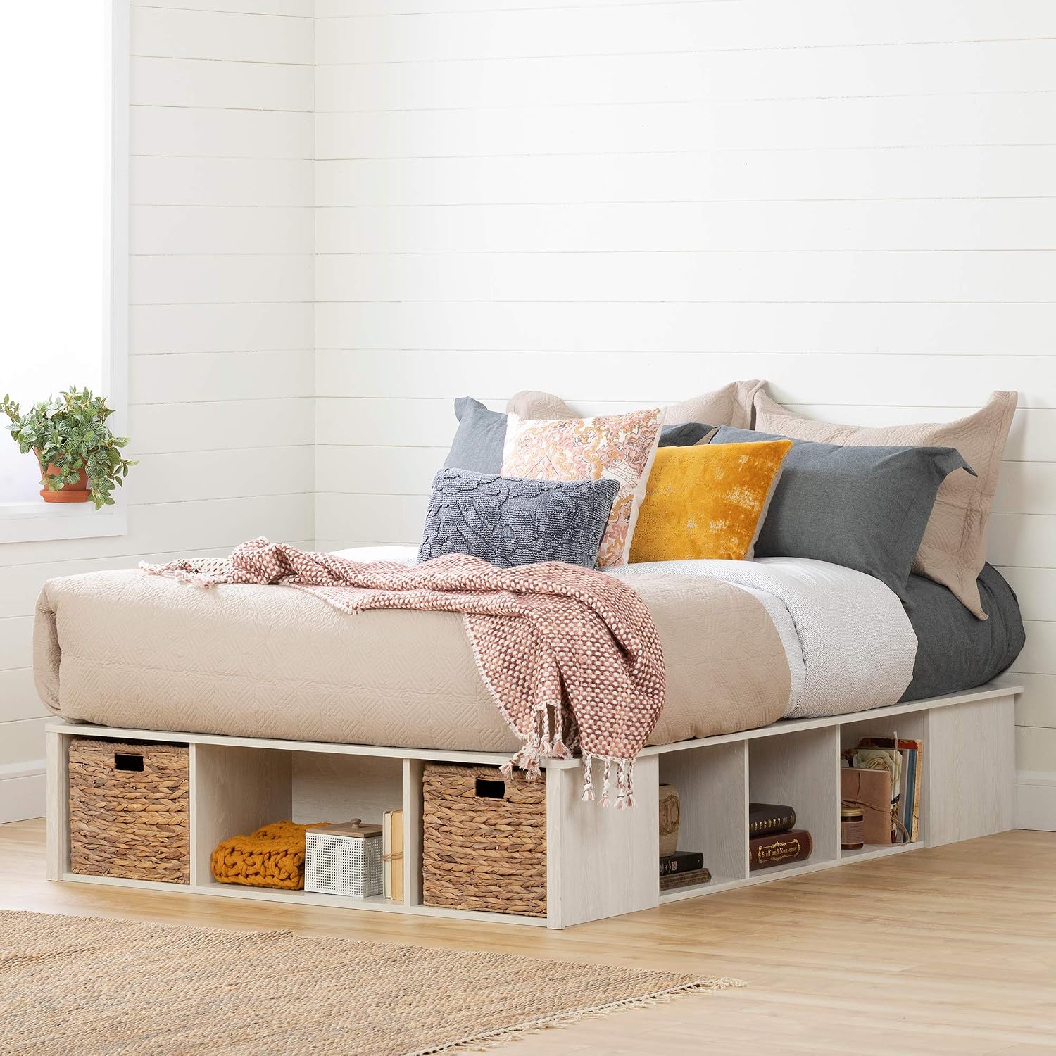 South Shore Avilla Full Storage Bed with Baskets, Double, Winter Oak and Rattan