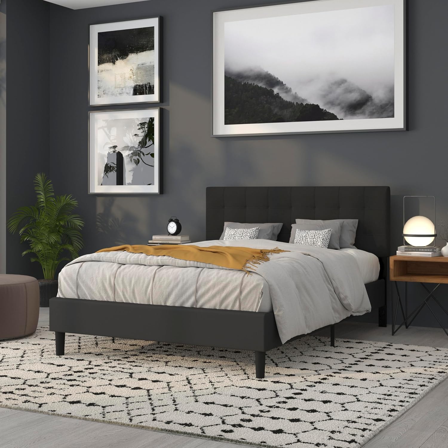Flash Furniture Bedford Tufted Upholstered Headboard for Queen Size Bed, Contemporary Fabric Tufted Headboard with Adjustable Height, Black