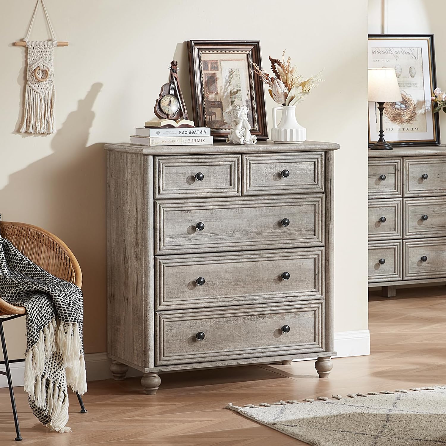 Farmhouse Dressers & Night Stand Set of 3, Wood 54' Wide 6 Drawer Dresser & 35.5'Tall Chest of Drawers, 18' with Charging Station Nightstand, Bedroom Furniture Dresser Set for Home Living Room Hallway