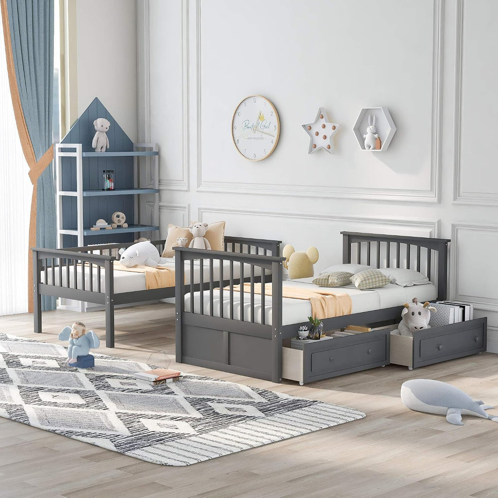 Harper & Bright Convertible Wood Twin-Over-Twin Bunk Bed with Storage Drawers and Ladder - Can Be Divided Into Two Daybeds (Grey)