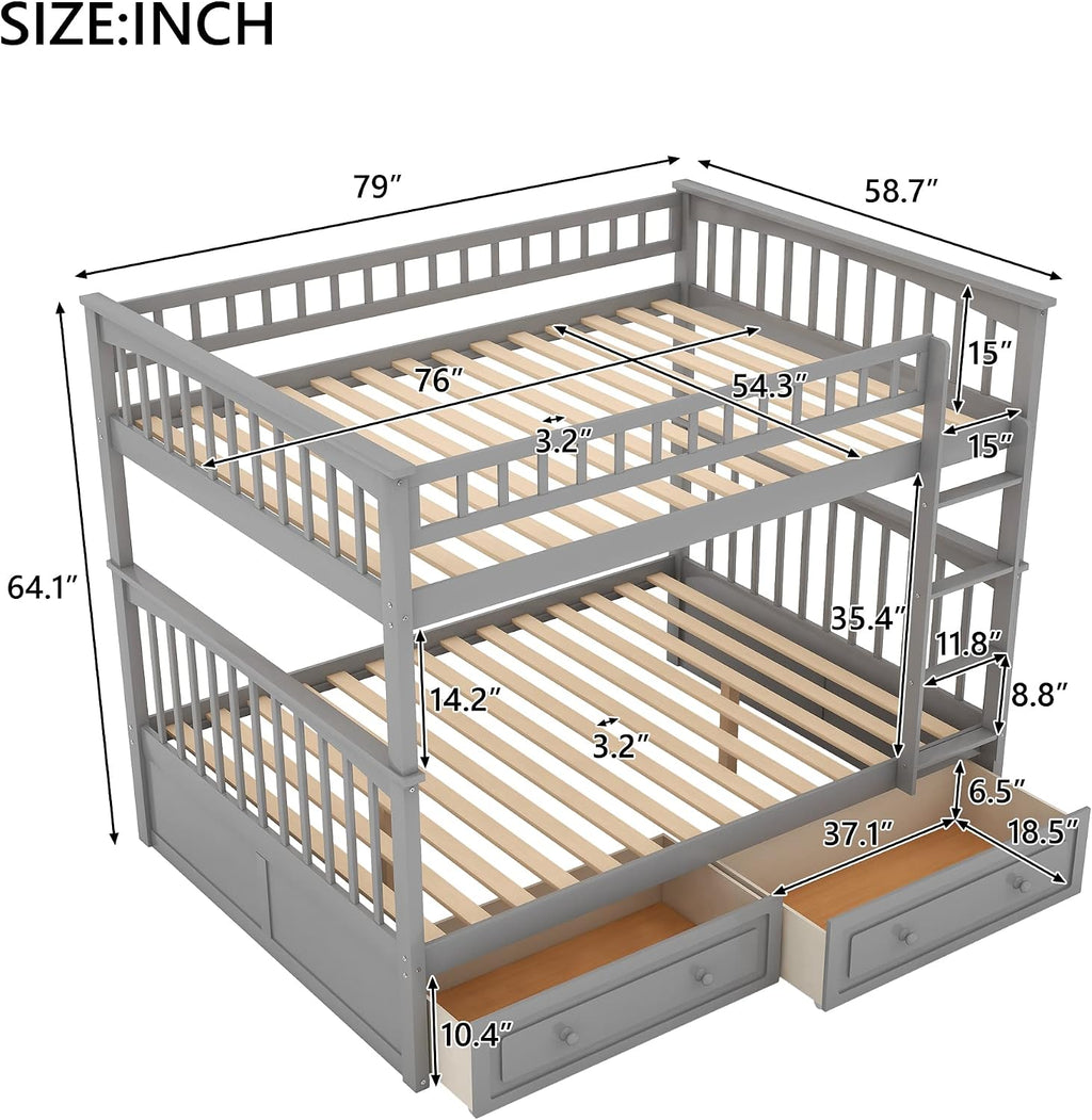 Harper & Bright Designs Full Over Full Wood Bunk Bed with Two Storage Drawers and Ladder, Convertible Storage Bunk Bed Can Be Divided Into Two Full Size Daybeds (Grey)