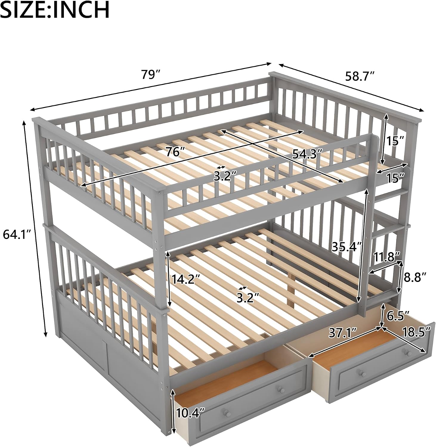 Harper & Bright Designs Full Over Full Wood Bunk Bed with Two Storage Drawers and Ladder, Convertible Storage Bunk Bed Can Be Divided Into Two Full Size Daybeds (Grey)