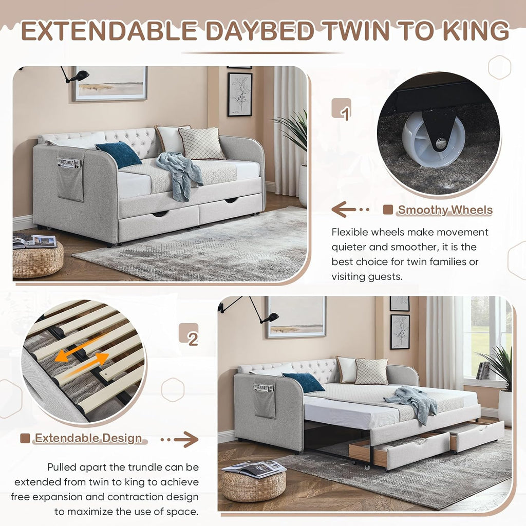 Antetek 80.5' Daybed with Drawer, Modern Button Tufted Linen Day Bed with Trundle Bed Twin to King, Upholstered Daybed Frame w/Storage Pocket for Bedroom, Living Room, No Box Spring Needed, Beige