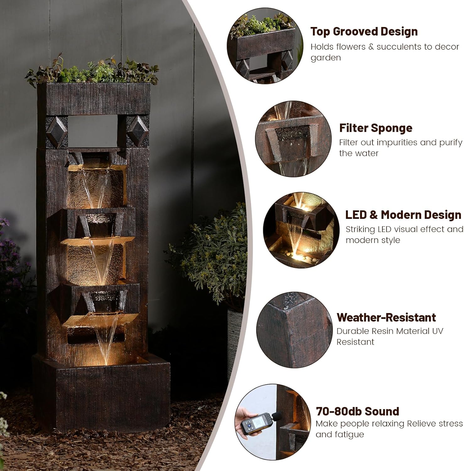 Bumilgar 40.9' H 4-Tier Indoor/Outdoor Modern Water Fountain with Led Lights and Pump, Outdoor Freestanding Cascading Waterfall - Suitable for Garden, Patio, Porch, Yard and Outdoor Decor (Brown)