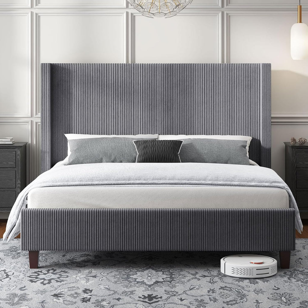 HOWE Queen Size Bed Frame with 50.8' Tall Wingback Headboard, Modern Corduroy Upholstered Platform Bed Frame with Solid Wood Slats & Legs, No Box Spring Needed, Noise-Reducing Design, Grey