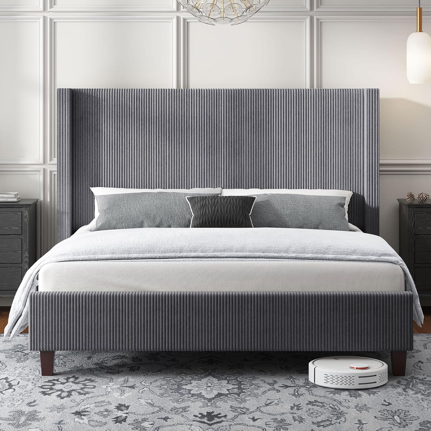 HOWE Queen Size Bed Frame with 50.8' Tall Wingback Headboard, Modern Corduroy Upholstered Platform Bed Frame with Solid Wood Slats & Legs, No Box Spring Needed, Noise-Reducing Design, Grey