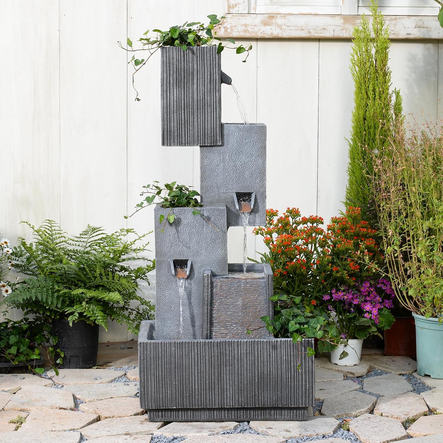 Tankana 42' H Outdoor Water Fountain Garden Waterfalls - Large Water Feature Geometric Stacking Waterfall Fountains Planter with Lights for Patio Backyard Deck Porch Deck and Home Decor, Gray