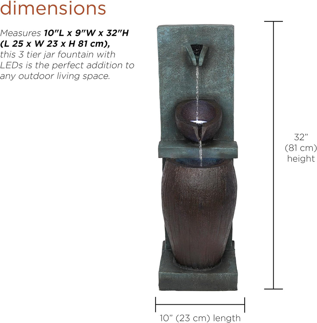 Alpine Corporation TZL388 32' 3 Tier Jar Fountain with LED Lights, Elegant Outdoor Water Feature for Garden, Patio, Backyard, Home Décor, Ceramic Water Fountain & Landscape Decorations, Gray