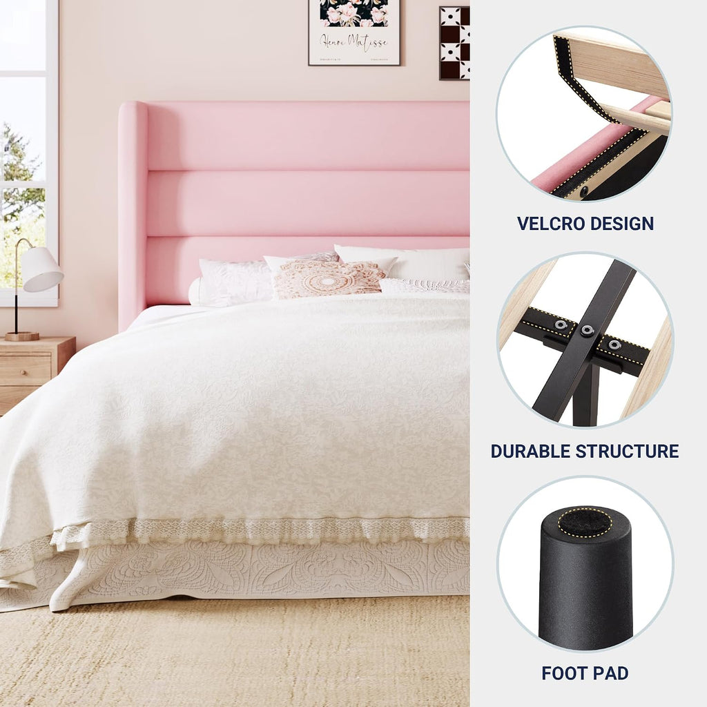 Allewie King Size Platform Bed Frame with Velvet Upholstered Wingback Headboard, No Box Spring Needed, Under Bed Storage Space, Strong Wooden Slats, Modern Mattress Foundation, Easy Assembly, Pink