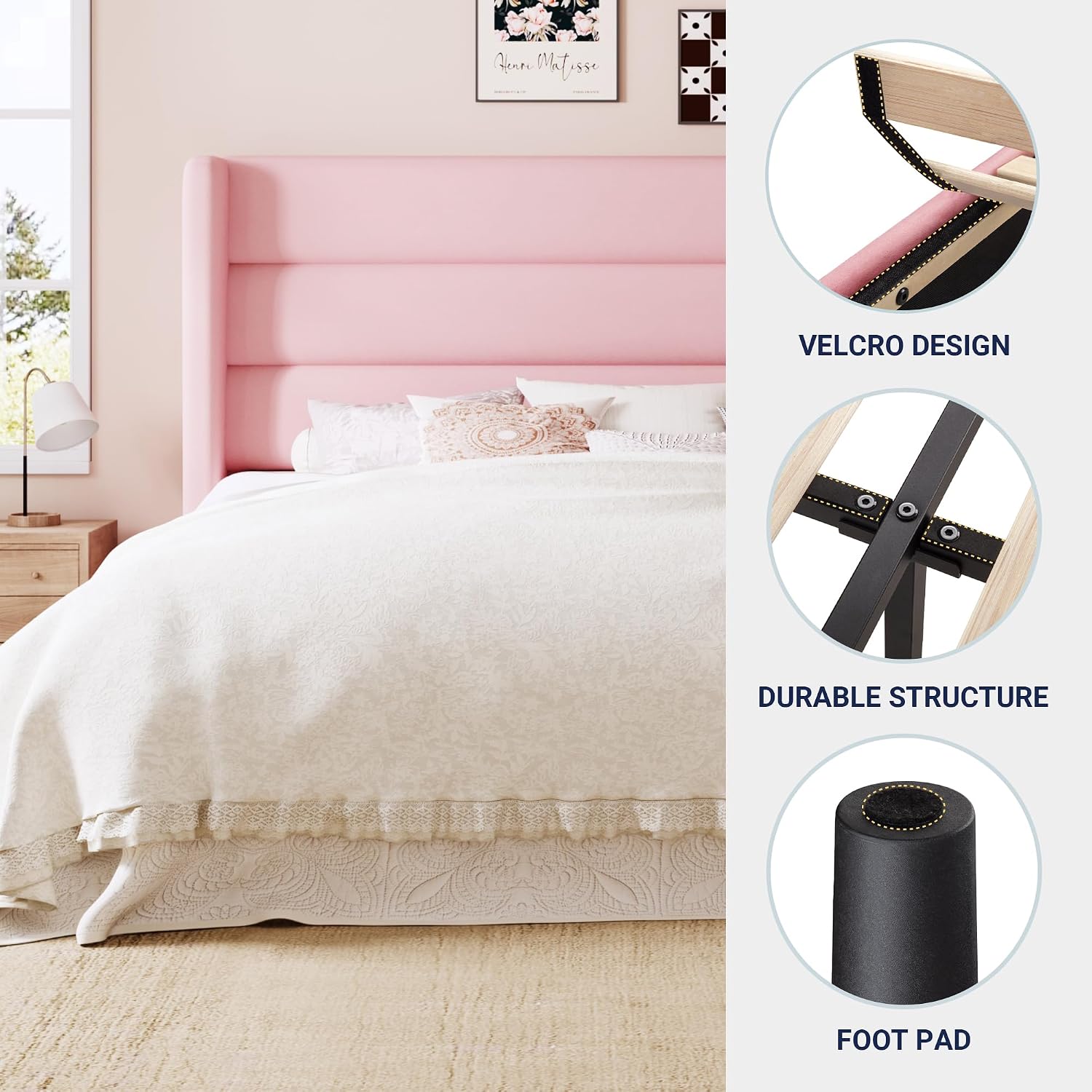 Allewie King Size Platform Bed Frame with Velvet Upholstered Wingback Headboard, No Box Spring Needed, Under Bed Storage Space, Strong Wooden Slats, Modern Mattress Foundation, Easy Assembly, Pink