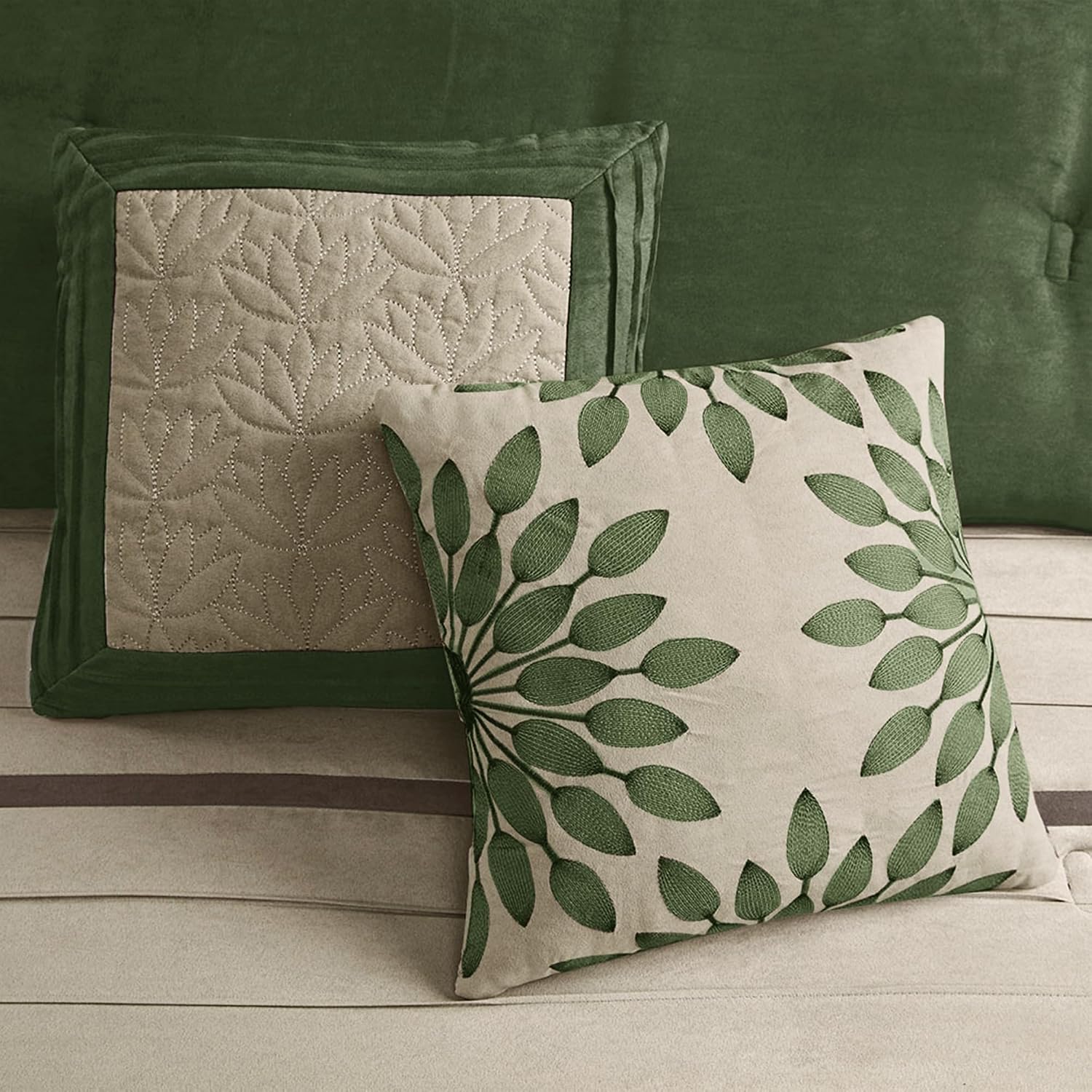 Madison Park Cozy Comforter Set-Luxury Faux Suede Design, Striped Accent, All Season Down Alternative Bedding, Matching Shams, Decorative Pillow, Green, California King (104 in x 92 in)