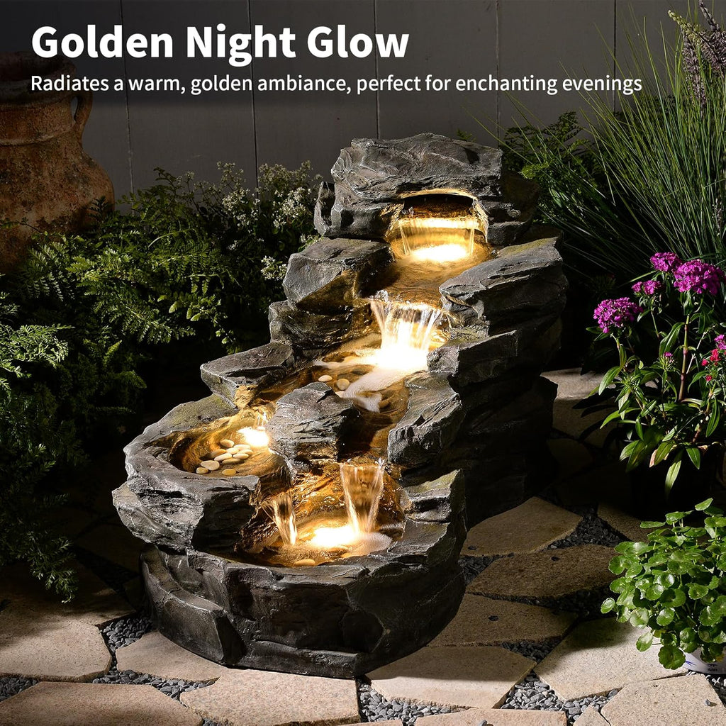 37' L Garden Outdoor Water Fountain, Floor Standing 5-Tiers Rock Natural Waterfall Outdoor Fountains with LED Lights for Patio, Porch, Home Art Decor