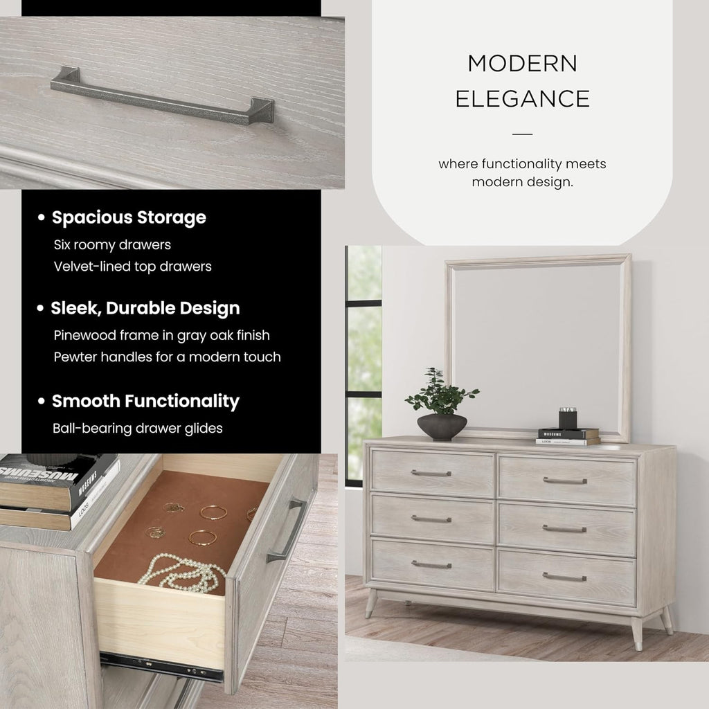 Roundhill Furniture Seluna 5-Piece Bedroom Set with Touch LED Lighting, Gray Oak Finish, Queen