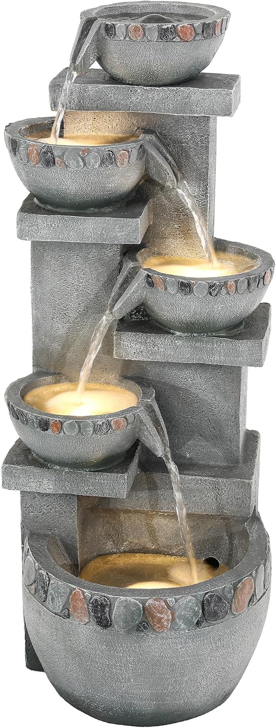33' H 4-Tier Fountain Outdoor, Modern Resin Pebble Tabletop Water Feature Outdoor with LED Lights, Soothing Cascading Waterfall for Patio, Backyard, Garden or Porch