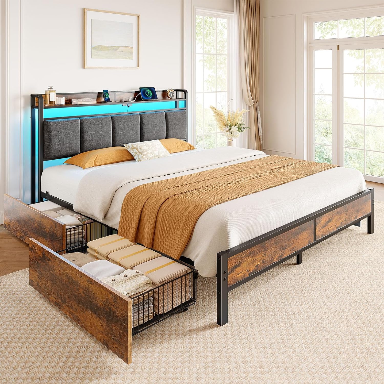 Rolanstar Bed Frame Queen Size with Charging Station and LED Lights, Upholstered Storage Headboard with Drawers, Heavy Duty Metal Slats, No Box Spring Needed, Easy Assembly, Rustic Brown