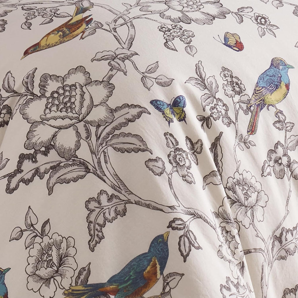 Levtex Home Mockingbird Reversible Full/Queen Comforter Set (90x94in) with 2 Pillowcases (26x20in) - Floral Birds - Charcoal - Cotton Queen Size Comforter Set - Lofty, Soft, Pre-Washed