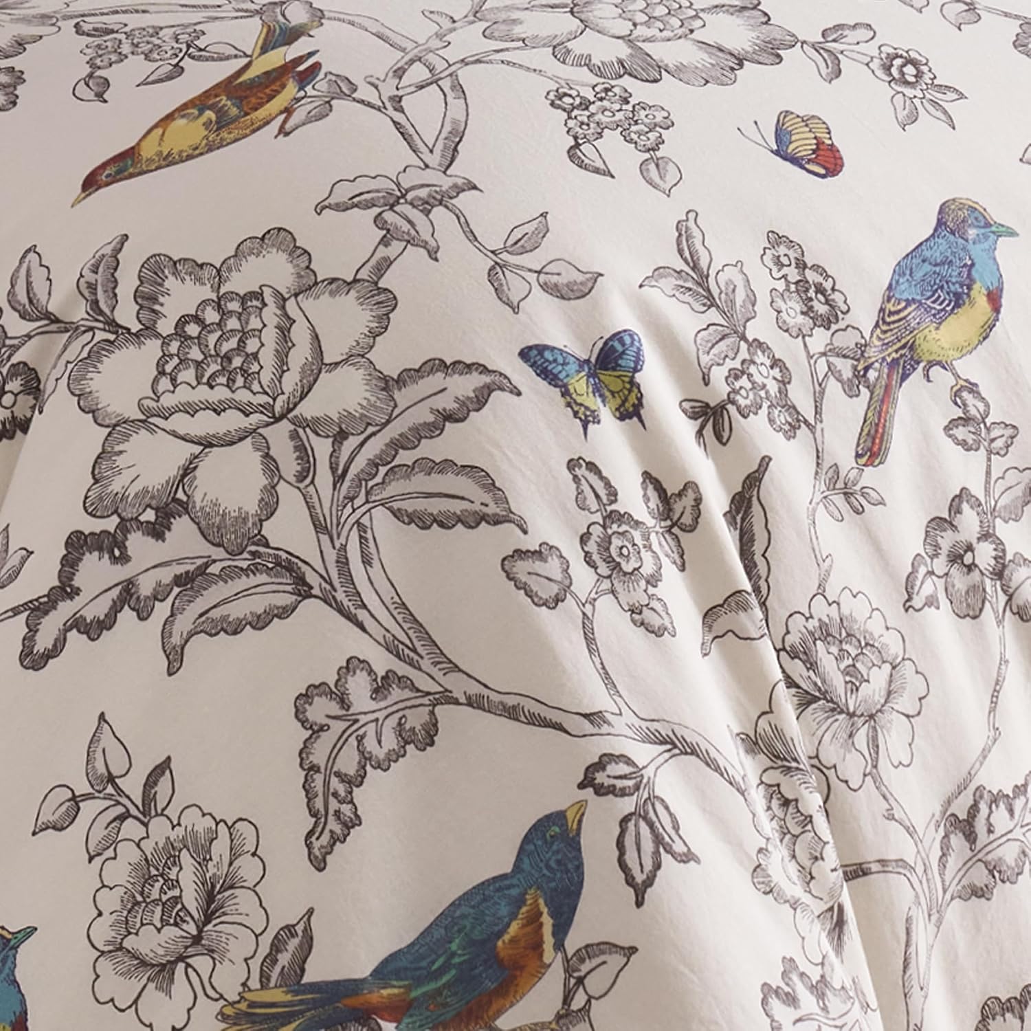 Levtex Home Mockingbird Reversible Queen Duvet Cover Set (90x94in) with 2 Pillowcases (26x20in) - Floral Birds - Charcoal - 100% Cotton Queen Size Duvet Cover Bedding Set - Soft, Pre-Washed