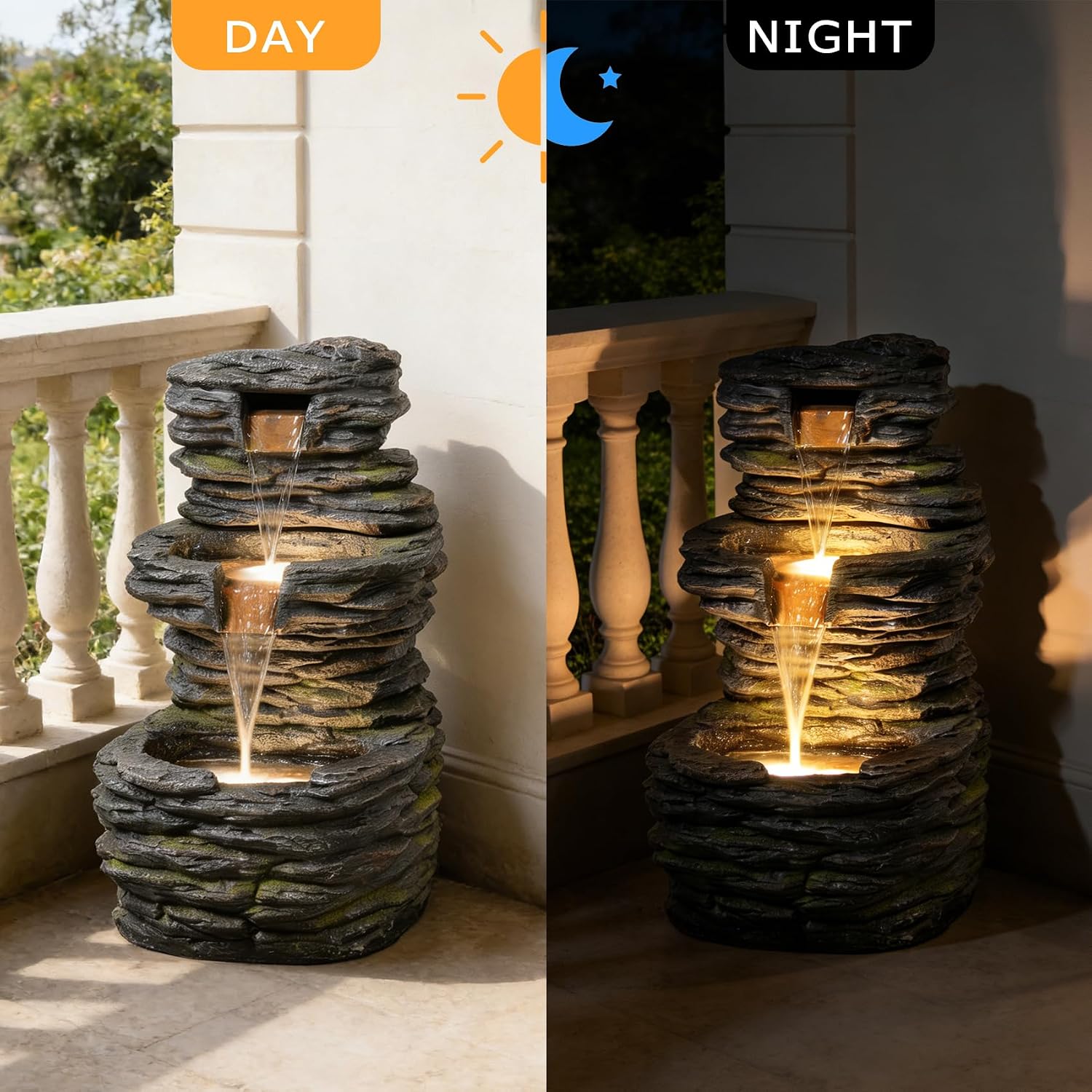 28.8' Tall Rock Water Fountain Outdoor Garden, 3-Tiers Cascading Rock Natural Waterfall Fountains with LED Lights, Indoor Resin Water Feature Fountain for Patio, Backyard, Deck, Porch