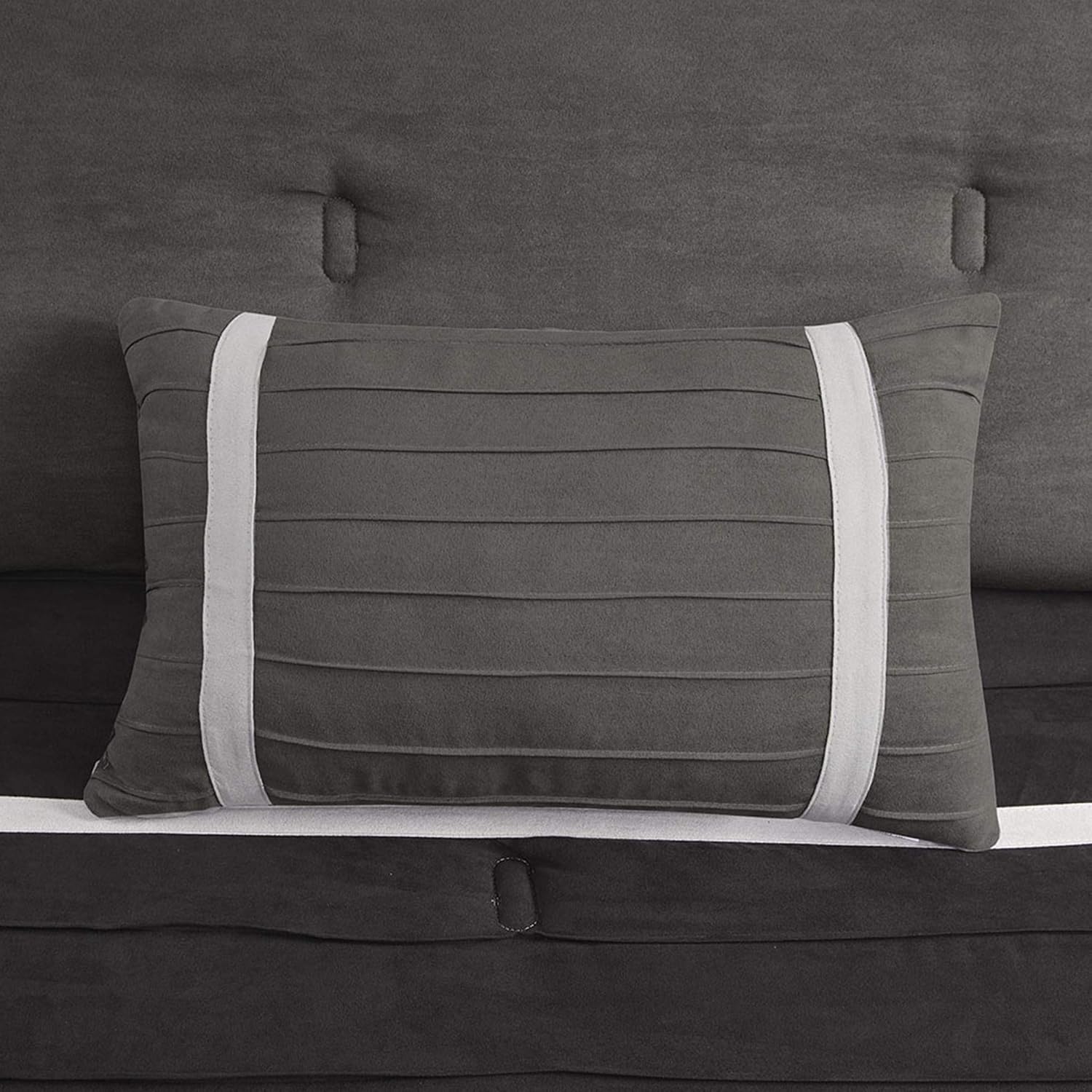 Madison Park - Palmer 7 Piece Comforter Set - Black and Gray - California King - Pieced Microsuede - Includes 1 Comforter, 3 Decorative Pillows, 1 Bed Skirt, 2 Shams
