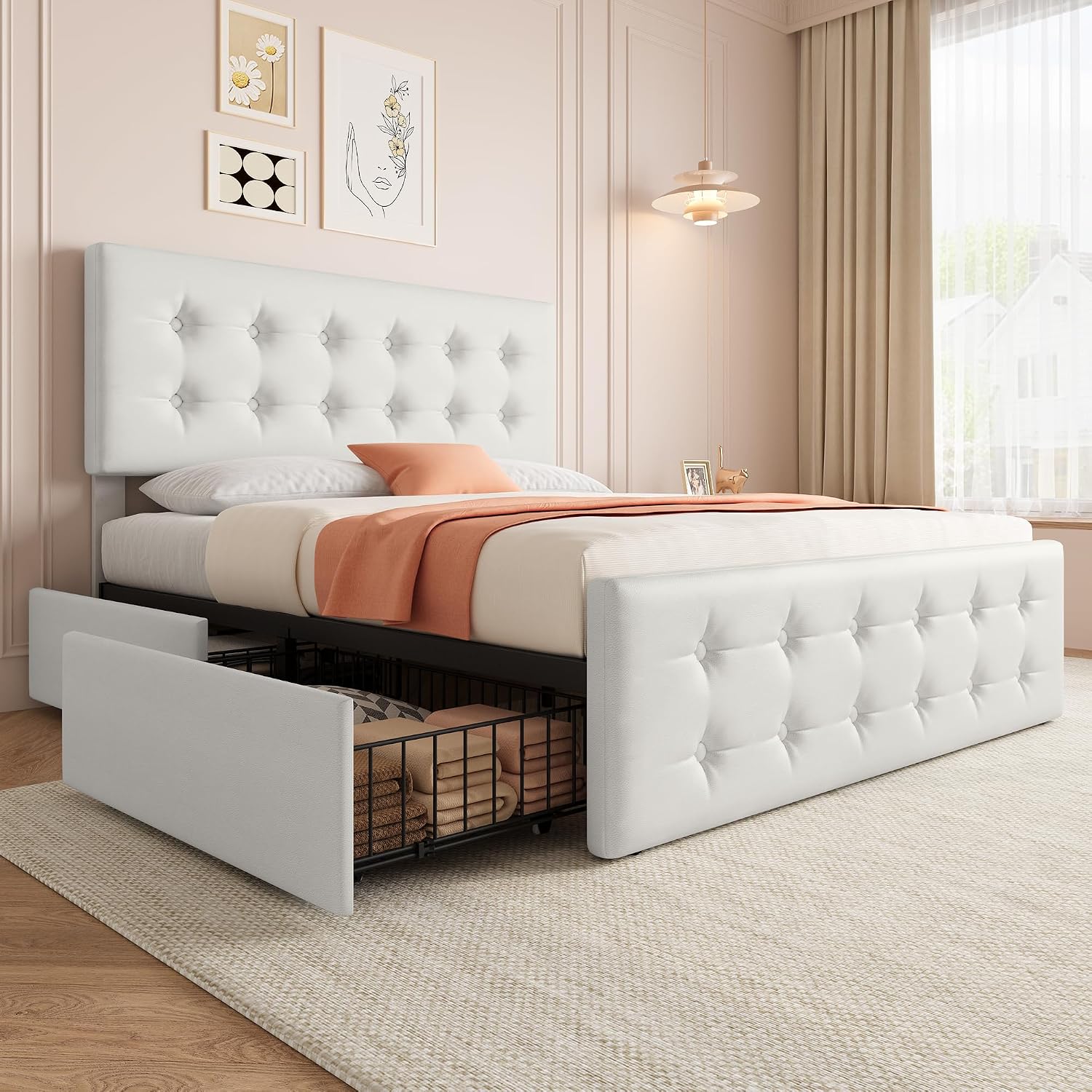 IDEALHOUSE Queen Size Bed Frame with 4 Storage Drawers and Headboard, Faux Leather Upholstered Platform Bed Frame with Wooden Slats Support, Button Tufted Design, No Box Spring Needed, Beige