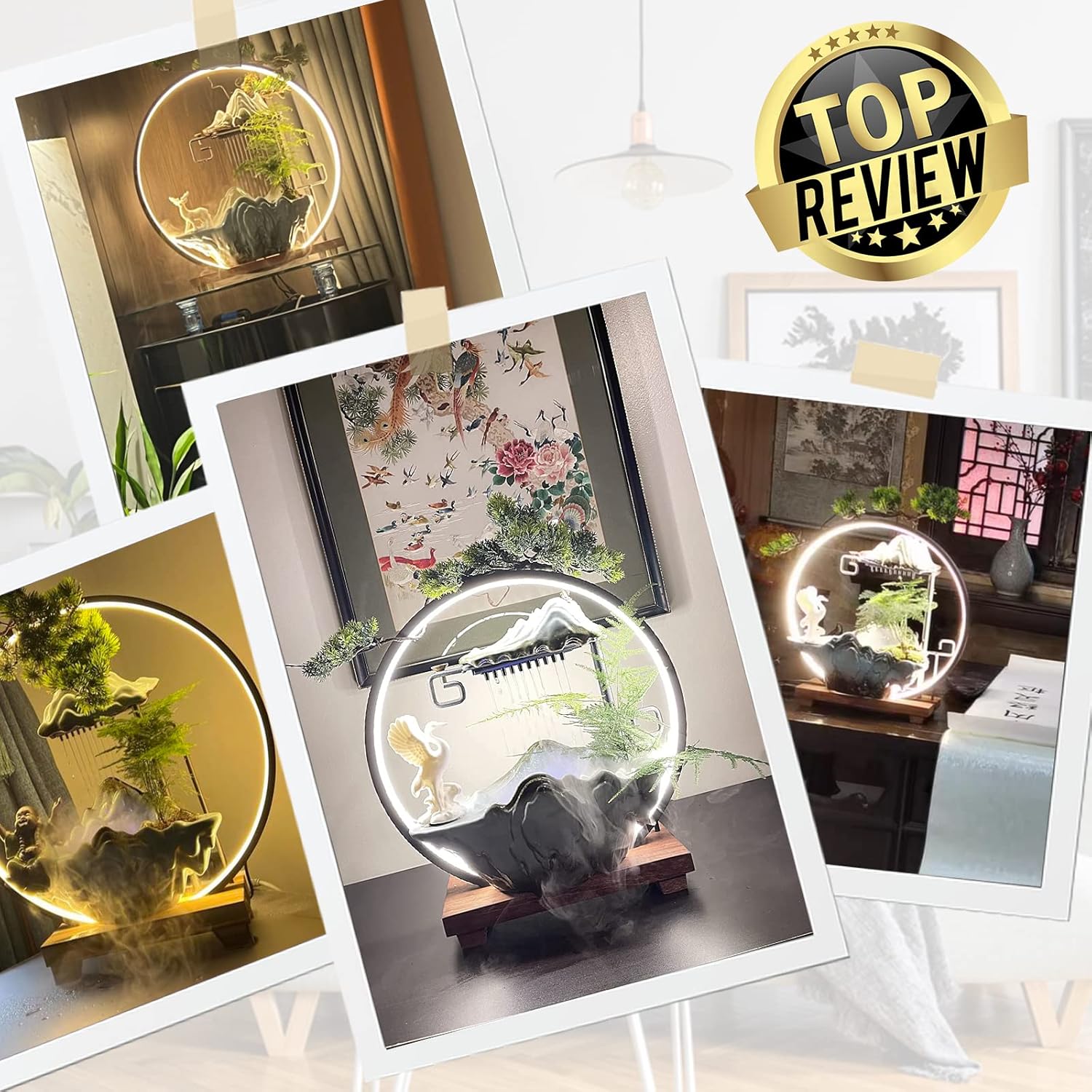 Tabletop Water Fountains - Indoor Waterfall with Mist LED - Japanese Indoor Water Fountains for Meditation - Includes Backflow Incense and Fake Plants - Feng Shui Decor for Good Luck and Wealth