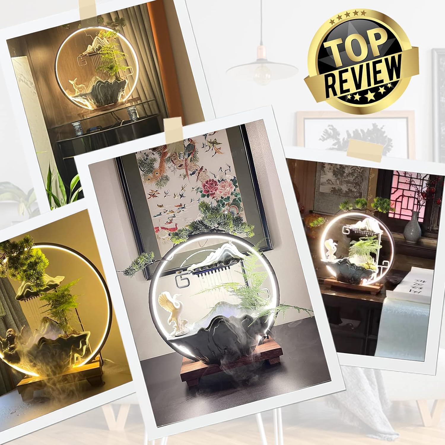 Elder Tabletop Indoor Water Fountains Waterfall with LED Light Zen Decor for Meditation with Mist Japanese Decor with Fake Plants Feng Shui Decoration for Good Luck Wealth