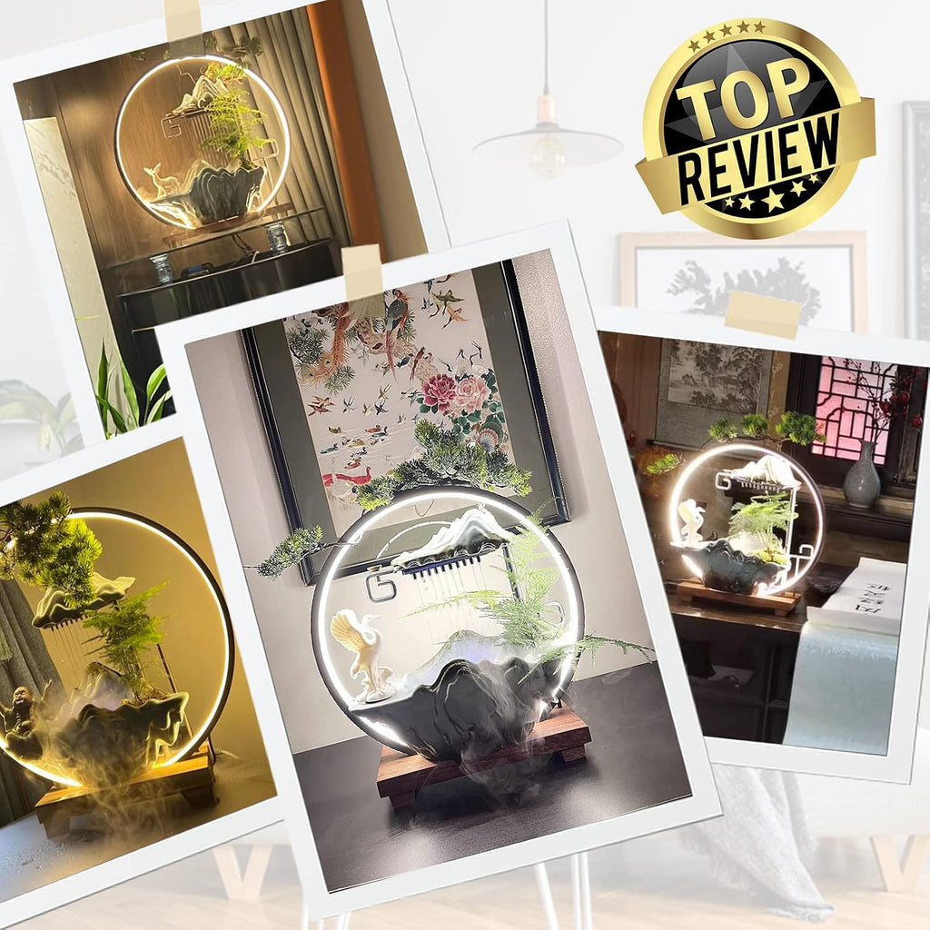 Crane Tabletop Water Fountains Indoor Waterfall with LED Light Mist Desk Fountain for Feng Shui Wealth Boom with Mist and Backflow Incense Holder for Meditation Planting