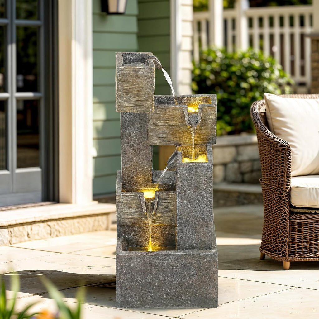 32.5' Modern Outdoor Water Fountain with LED Lights, 5-Tier Stacked Blocks Garden Fountain Cascading Waterfall Feature for Relaxing Garden, Patio, Backyard, Deck, Porch or Home Décor