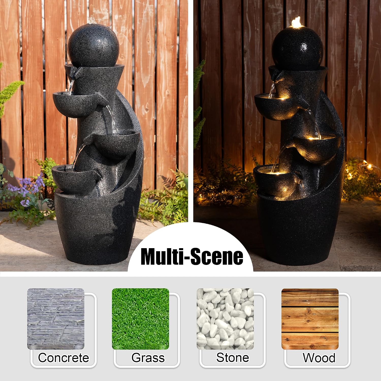 Glitzhome Outdoor Water Fountain with LED Light & Pump, Modern 5-Tier Bowl and Sphere Polyresin Outdoor Fountain, 33.5' Cascading Waterfall Fountain Water Feature for Porch Deck Patio Backyard Decor