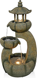 Alpine Corporation 32' Tall 2-Layer Pagoda Polystone Fountain with LED Lights, Cascading Waterfall, Outdoor Garden and Patio Water Feature, Zen Decor, Relaxing Sound, Brown