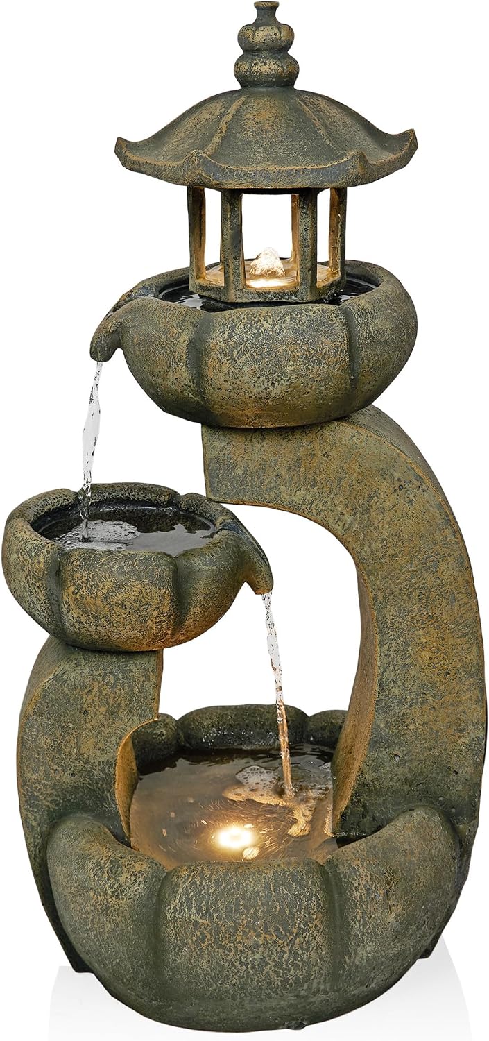 Alpine Corporation 32' Tall 2-Layer Pagoda Polystone Fountain with LED Lights, Cascading Waterfall, Outdoor Garden and Patio Water Feature, Zen Decor, Relaxing Sound, Brown