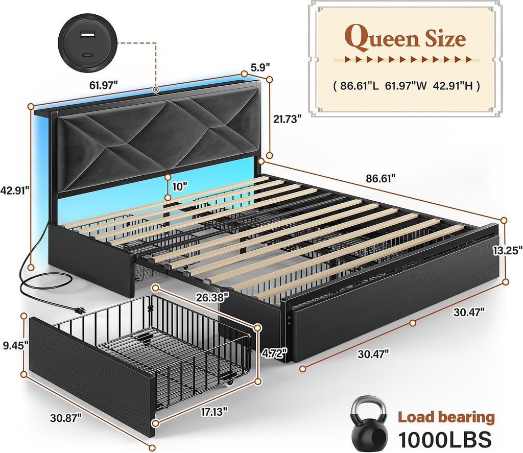 EnHomee Queen Bed Frame with 6 Storage Drawers and LED Lights, Metal Bed Frame Queen Size with Upholstered Headboard and Charging Station,NO Noise,Easy Assembly, Black