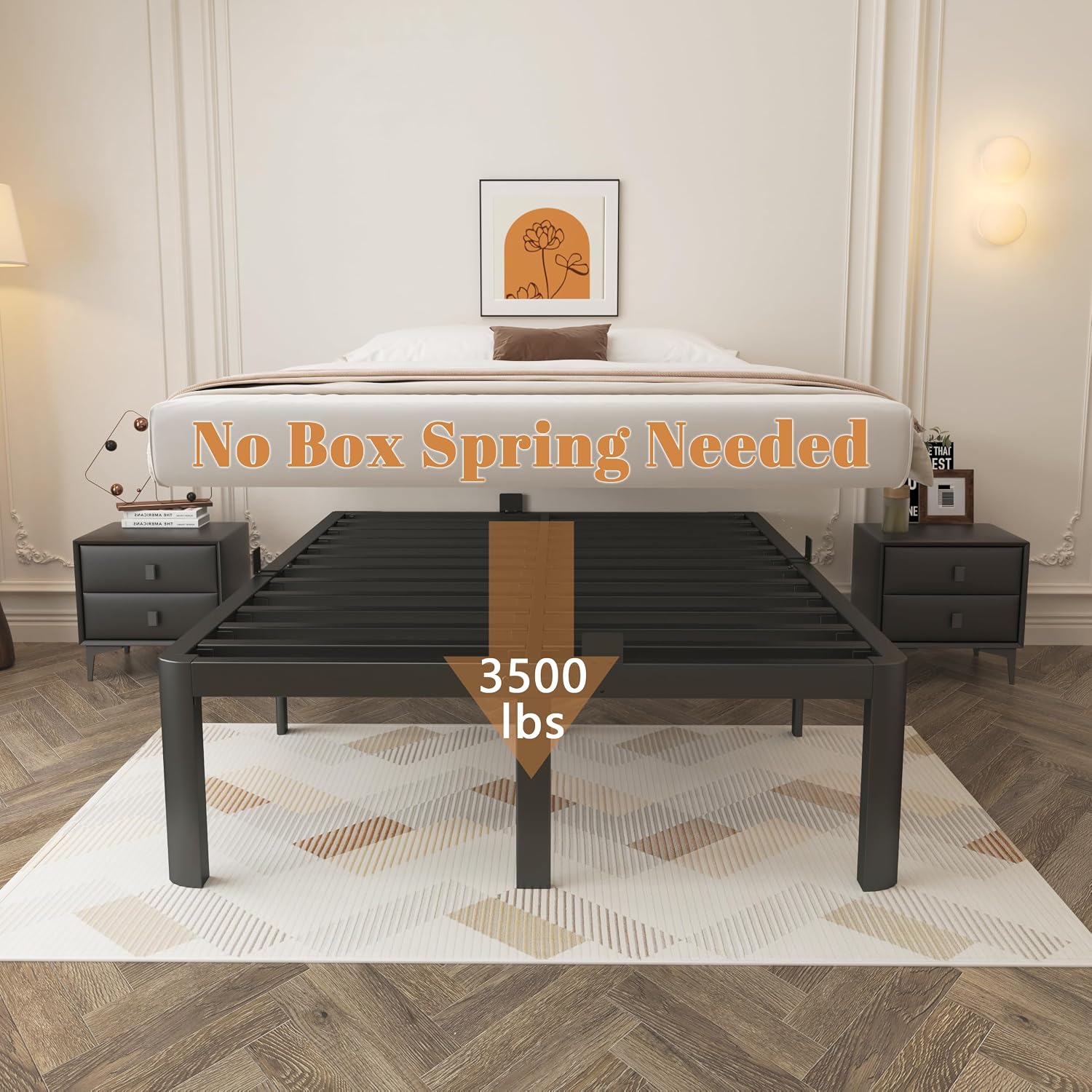 Full Size Bed Frame 16 Inch, Black Full Bed Frame with Anti-Slip Baffles, No Box Spring Needed, Heavy Duty Steel Platform Supprt, Rounded Corner Legs, Reserved Holes, Noiseless, Storage Space