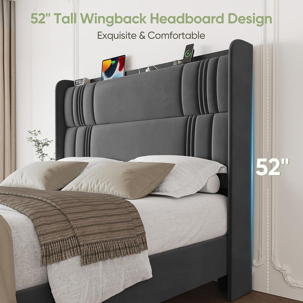 Queen Bed Frame with Tall Headboard, 52' Upholstered Platform Bed Frame with Charging Station, Luxury Velvet Bed Frames/Curved Wingback Headboard, No Box Spring Needed, Easy Assembly/Sturdy, Dark Grey