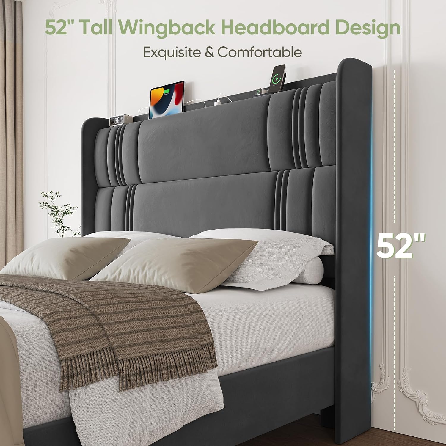 Queen Bed Frame with Tall Headboard, 52' Upholstered Platform Bed Frame with Charging Station, Luxury Velvet Bed Frames/Curved Wingback Headboard, No Box Spring Needed, Easy Assembly/Sturdy, Dark Grey