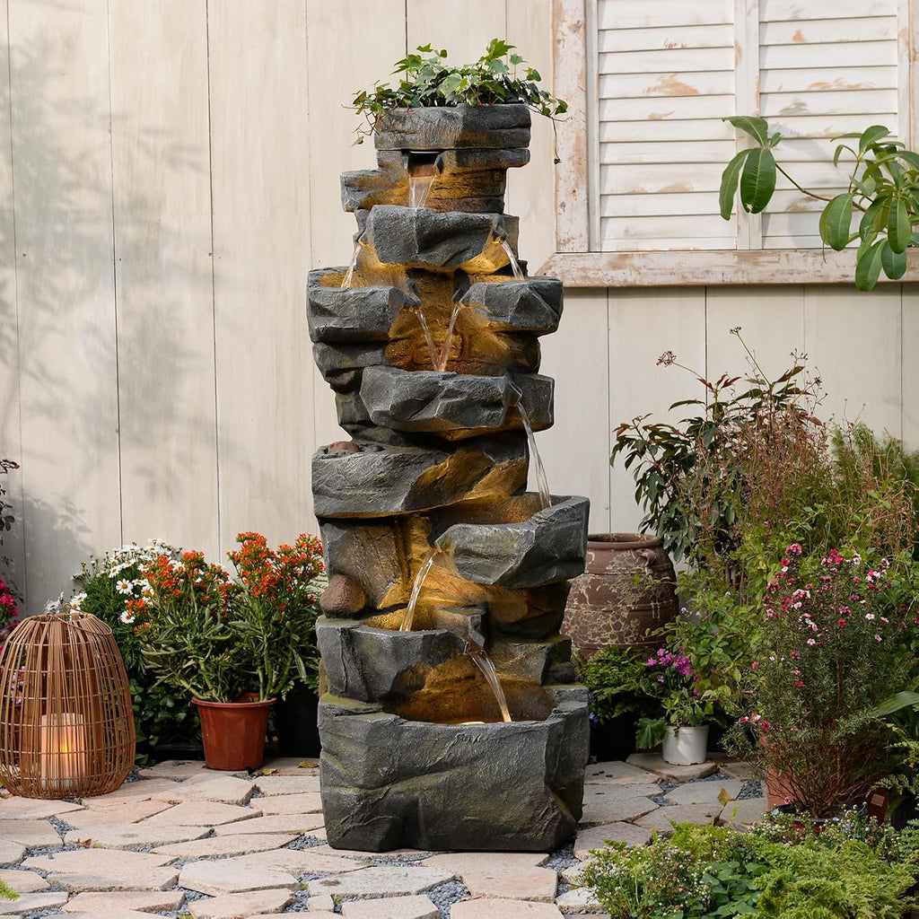 Sunlinua 58' H Outdoor Water Fountain with 7 Tiers New Upgraded Large Cascading Realistic Rock Waterfall Fountains with Lights Outdoor Water Fountain for Garden Patio Backyard Porch Home Decor