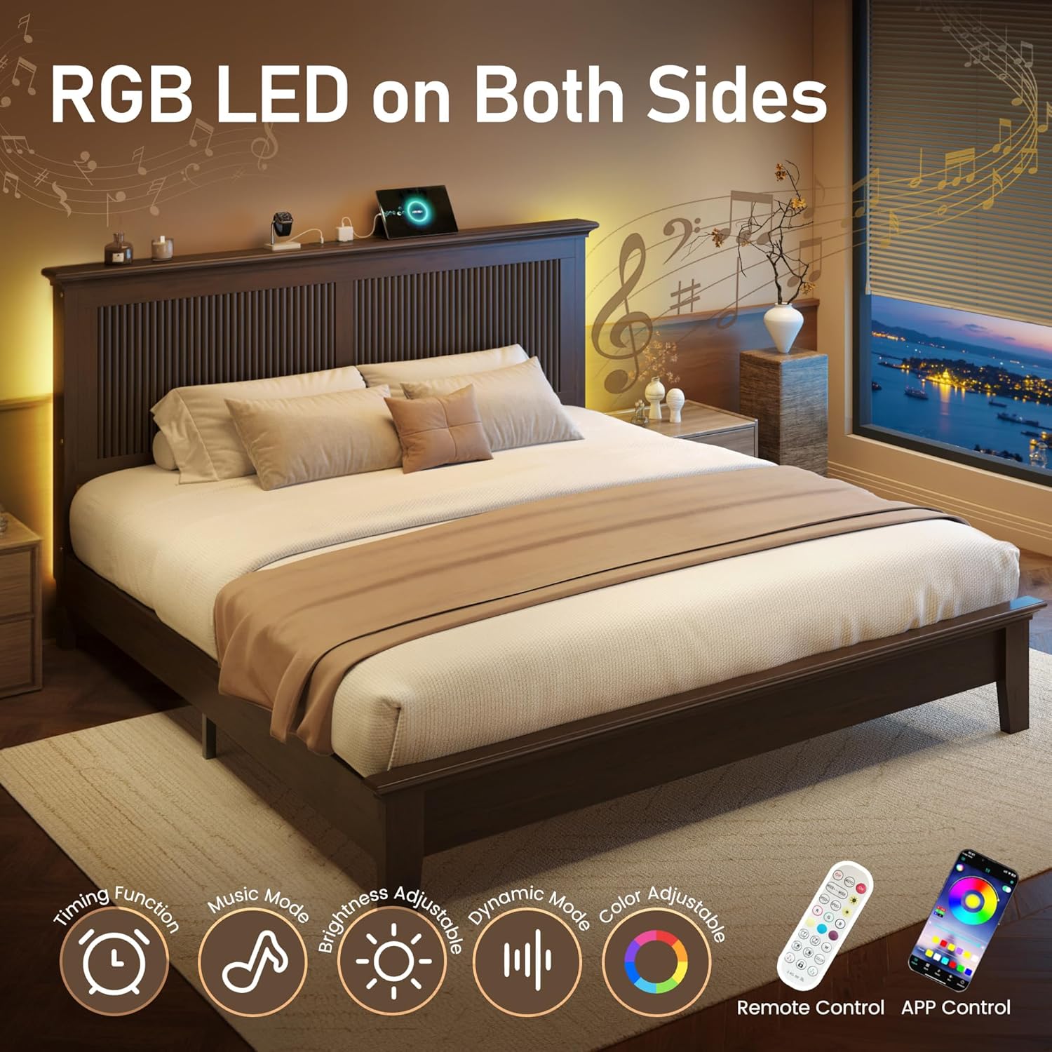 Lifezone Wood Queen Bed, Solid Wood Bed With Tall Headboard, American Vintage Design, Queen Bed With Charging Station & RGB LED, Wood Slats Support, Noise-Free, Sturdy Structure, Easy Assembly, Walnut